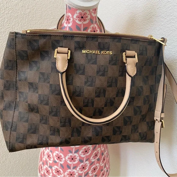 Michael Kors Black and Brown Checkered Satchel - Picture 1 of 3